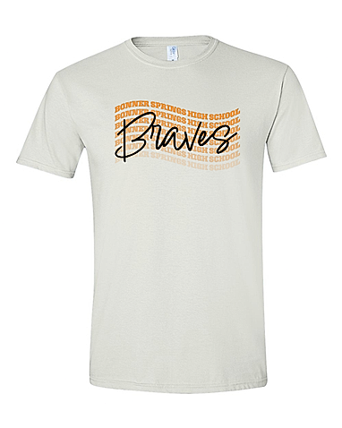 A light gray short-sleeve t-shirt with the text “BONNER SPRINGS HIGH SCHOOL” repeated in orange across the chest, overlaid with the word “Braves” in large black script font.