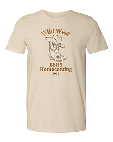 A beige short-sleeve t-shirt with a western-themed design. It has the words “Wild West” in brown above an illustration of cowboy boots and a hat, with the text “BSHS Homecoming 2025” below.