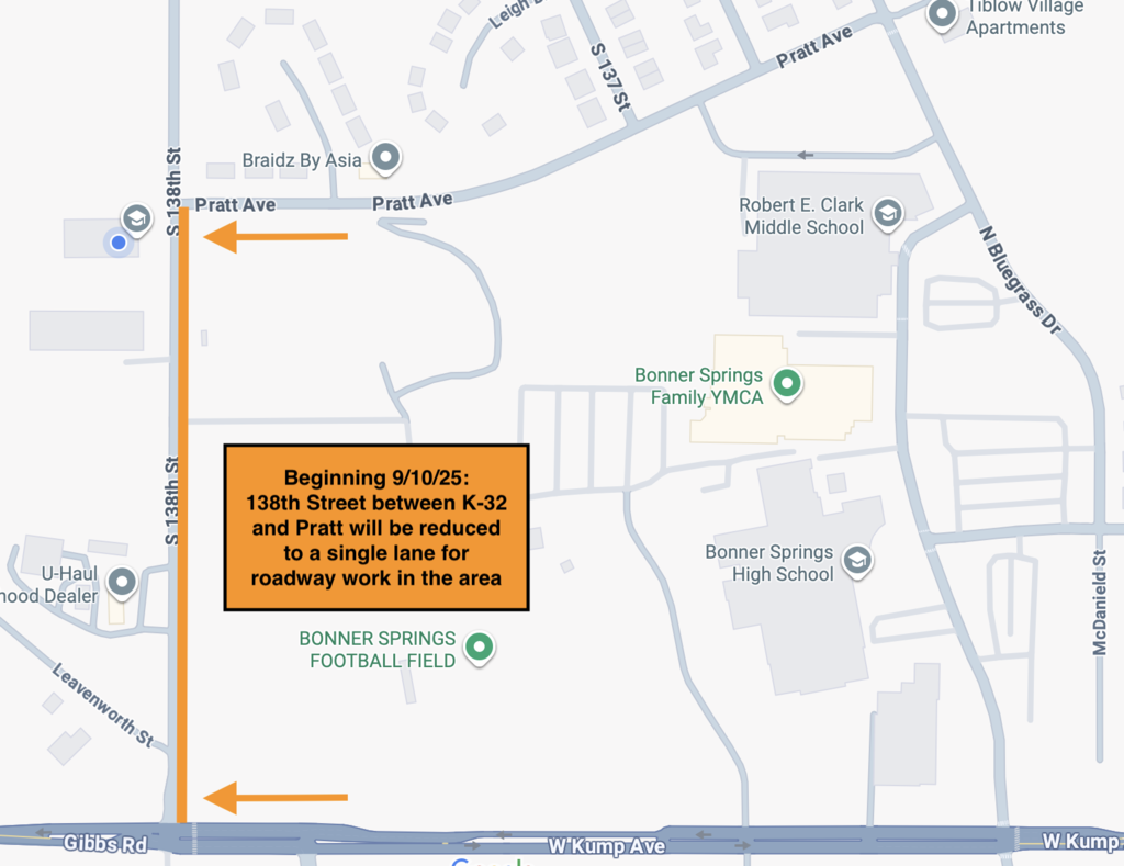 Map showing 138th Street between K-32 (Gibbs Road) and Pratt Avenue in Bonner Springs. The highlighted orange section marks the portion of 138th Street that will be reduced to one lane beginning September 10, 2025, for roadway work. An orange box on the map states: “Beginning 9/10/25: 138th Street between K-32 and Pratt will be reduced to a single lane for roadway work in the area.” Nearby landmarks include Robert E. Clark Middle School, Bonner Springs High School, Bonner Springs Family YMCA, and Bonner Springs Football Field.