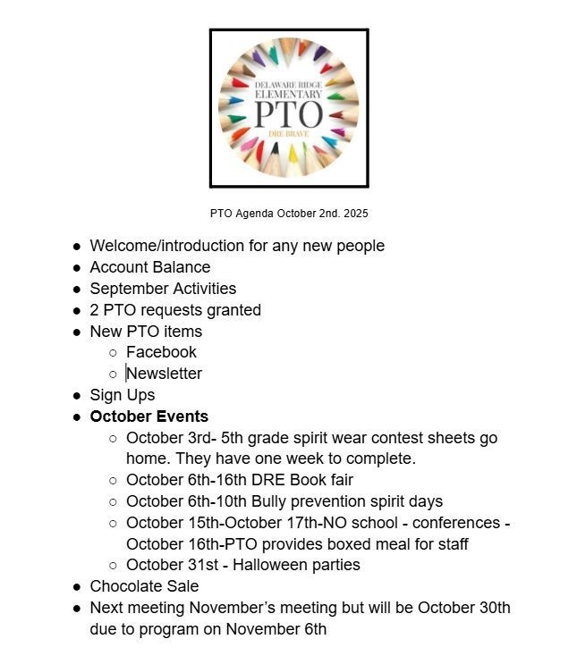 Flyer titled “PTO Agenda October 2nd, 2025” with the Delaware Ridge Elementary PTO logo at the top. Agenda items include: welcome/introduction, account balance, September activities, two PTO requests granted, new items (Facebook, newsletter), and sign-ups. October events listed are: spirit wear contest (Oct 3), Book Fair (Oct 6–16), Bully Prevention Spirit Days (Oct 6–10), no school for conferences (Oct 15–17), PTO-provided staff meal (Oct 16), and Halloween parties (Oct 31). Also mentions a chocolate sale and notes that November’s meeting will be held on October 30 due to a program on November 6.