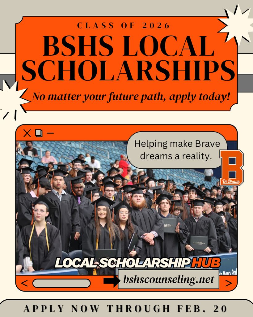 Orange flyer with link for local scholarship hub bshscounseling.net and deadline Feb. 20, 2026