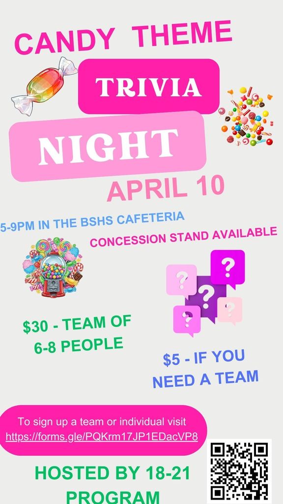 A flyer for a candy theme trivia night on April 10. Includes a candy image, QR code, and sign-up link.