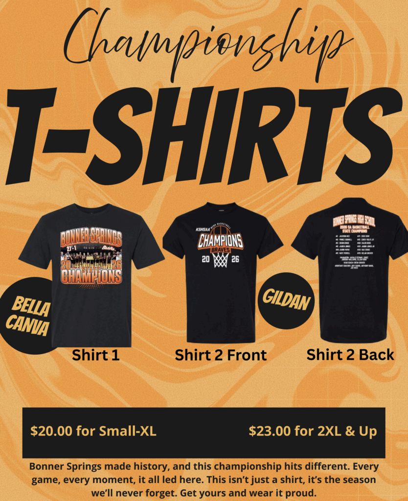 A poster displays three black T-shirts labeled "Championship T-Shirts" in various sizes with distinct designs and prices.