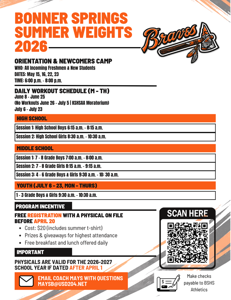 Flyer for Bonner Springs Summer Weights 2026, featuring workout schedule and incentives for orientation and newcomers camp.