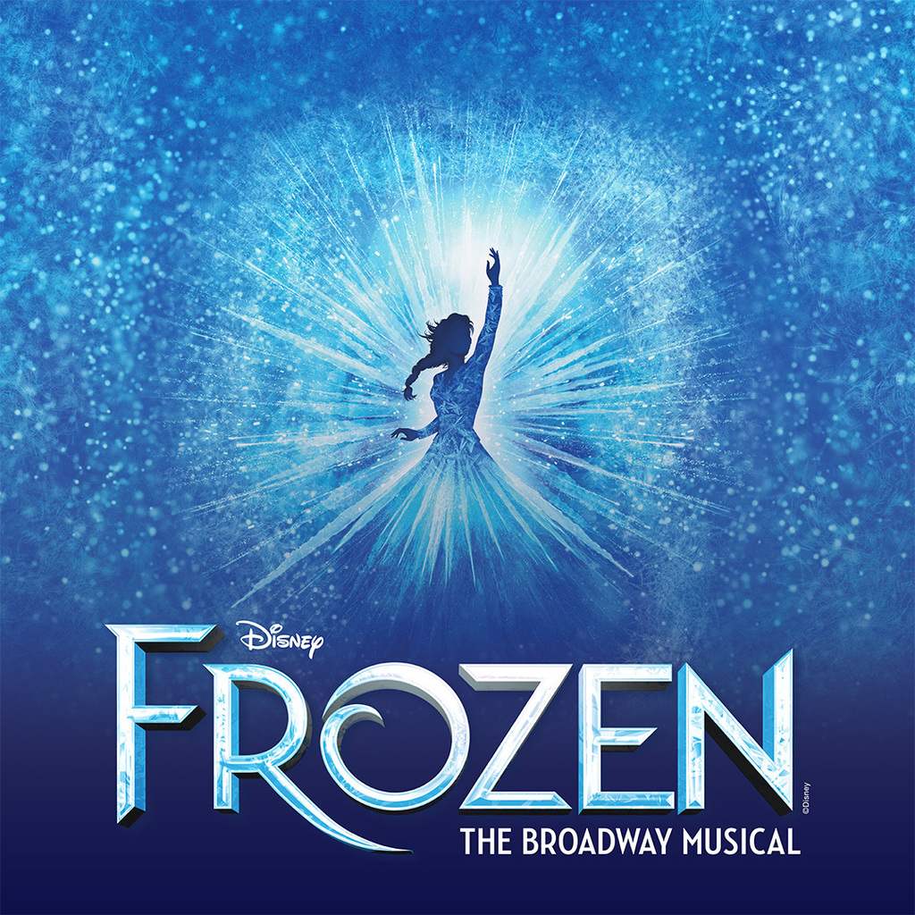 Poster for "Frozen: The Broadway Musical" shows a figure against a blue and white background.