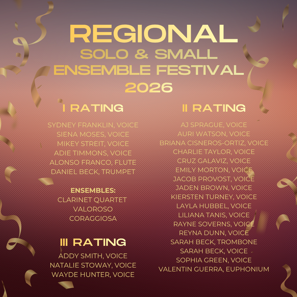 A flyer features the "Regional Solo & Small Ensemble Festival 2026" with sections for I, II, and III ratings, listing participants and instruments.