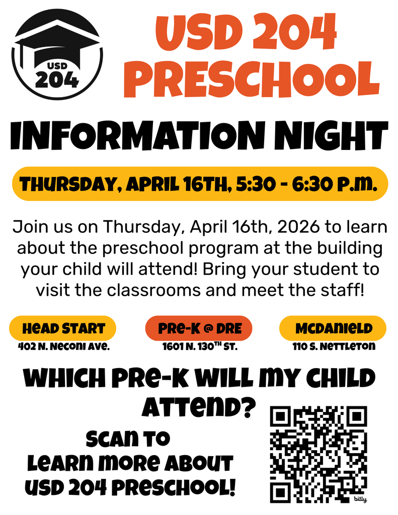 Flyer with heading "USD 204 Preschool Information Night" and date "April 16th, 2026". It lists locations and times.