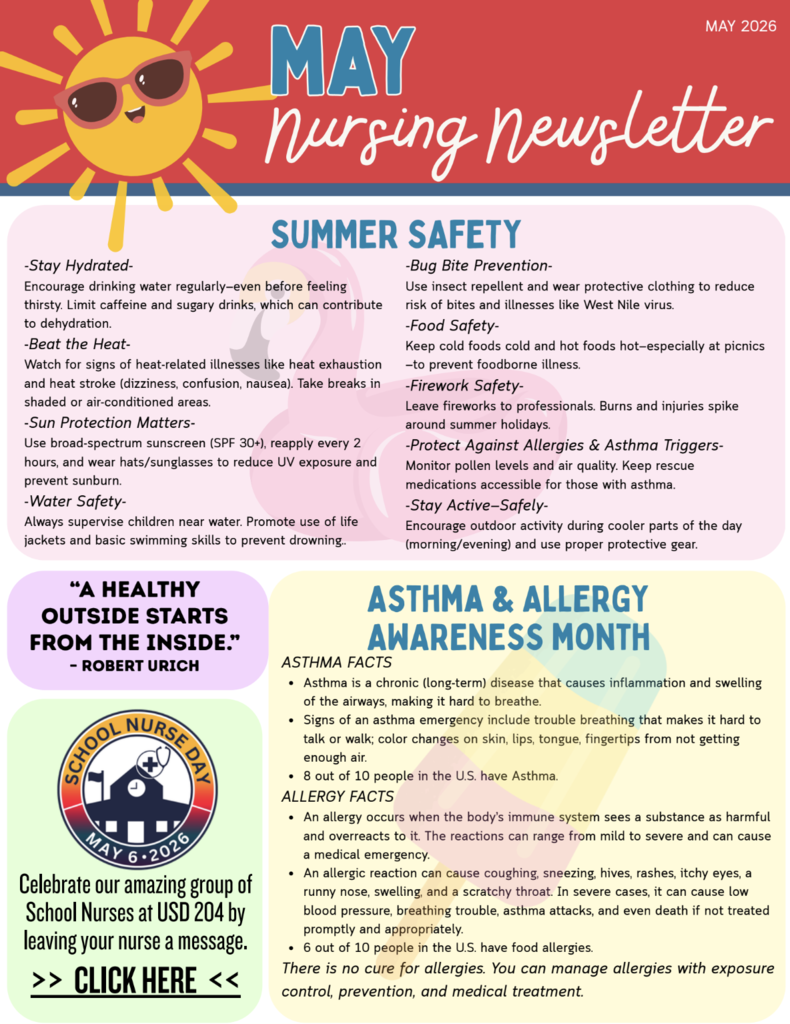 A newsletter with headings like "May Nursing Newsletter" and sections on "Summer Safety", "Asthma & Allergy Awareness" and "School Nurse Day".