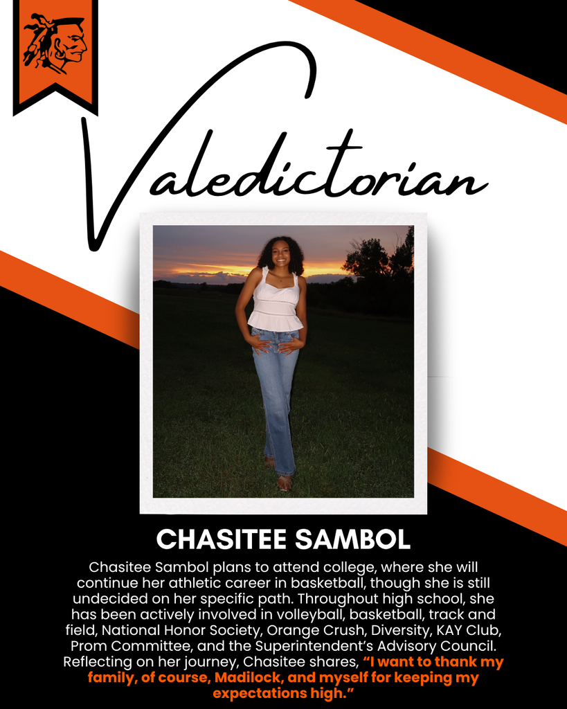 Woman in a white tank top and blue jeans poses on a field. Text reads "Chasitee Sambol" and her high school activities.