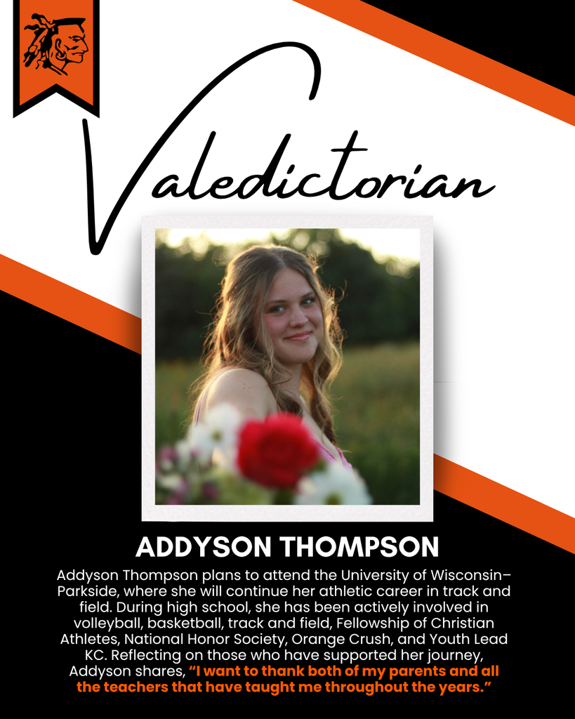 Text: "Valedictorian" with an image of a smiling woman in a field. She has blonde hair and wears a white dress.
