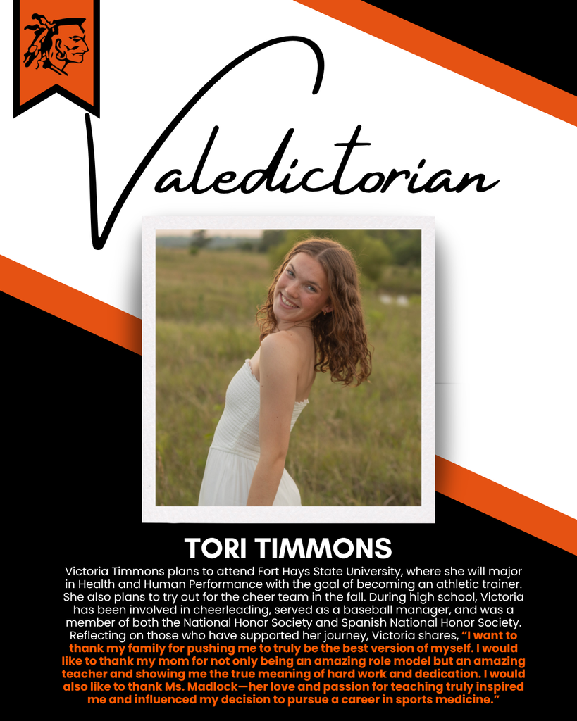 An image of a young woman smiling, standing in a grassy field. The caption reads "Tori Timmons" and describes her plans for college and her experiences.
