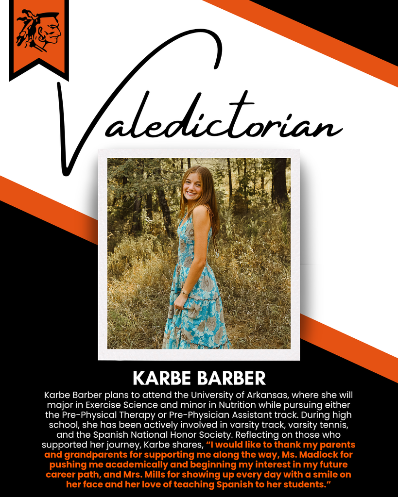 An individual stands in a natural setting with trees. Text reads "Valedictorian" and "Karbe Barber." The background is a forest.