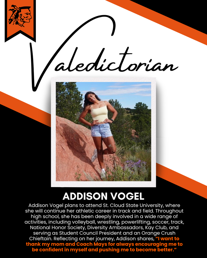 A young woman with short hair poses on a red rock. Text reads "Addison Vogel" and details her athletic achievements and plans to attend a university.