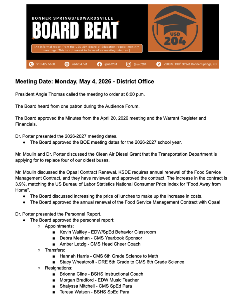 Document with "BOARD BEAT" and "USD 204" logo. It has a meeting date of May 4, 2026, and notes the approval of meeting minutes and reports.