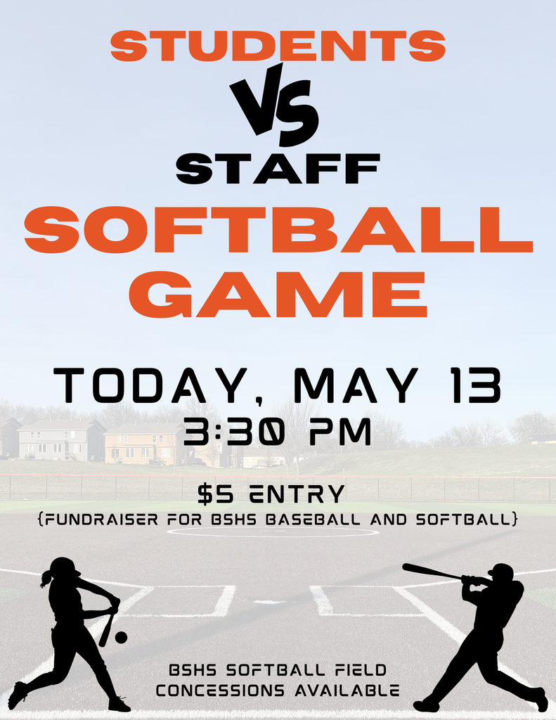 An event poster for a softball game between students and staff. It features silhouettes of players, date, time, and entry fee.