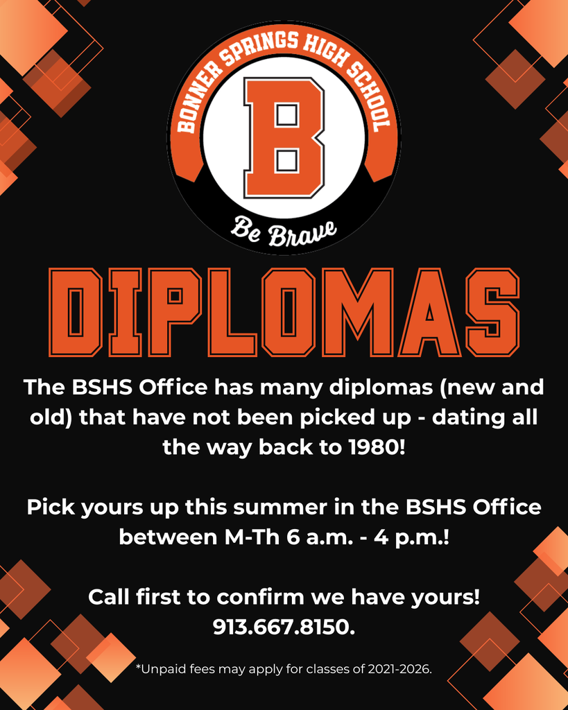 Black and orange poster with white text reads, "BSHs Office has many diplomas (new and old) dating back to 1980."