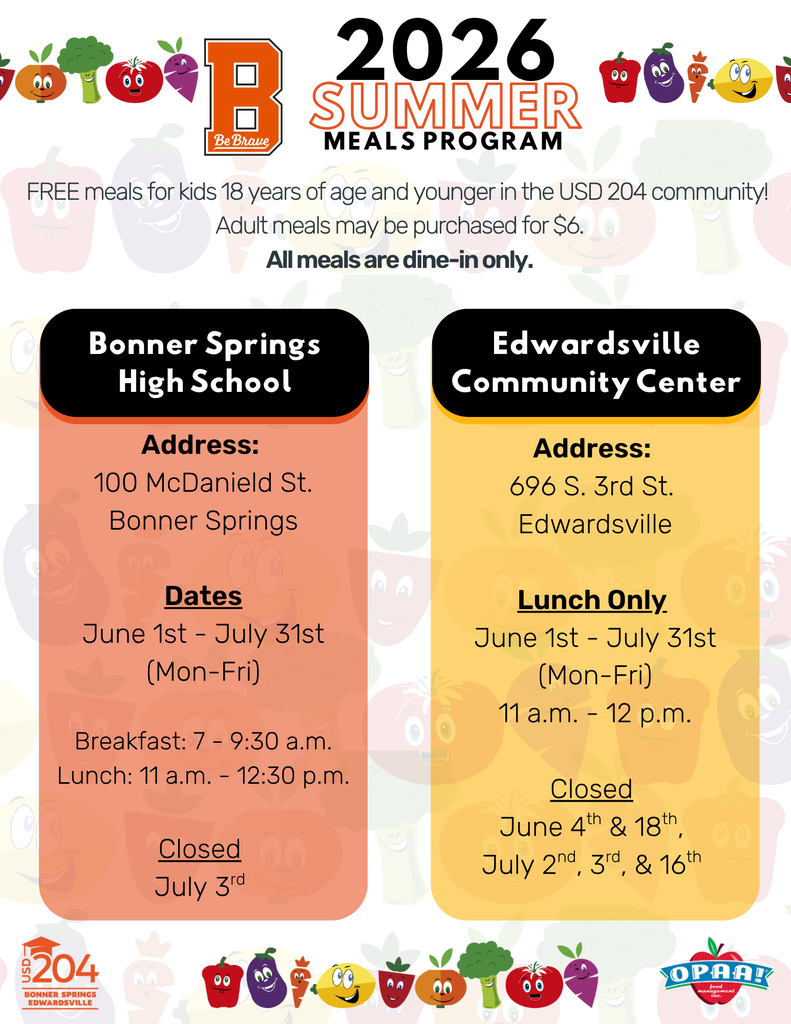 A flyer details summer meal programs for 2026. Left: Bonner Springs High School, dates June 1st-July 31st. Right: Edwardsville Community Center, dates June 1st-July 31st.