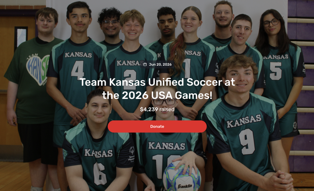 A group of people in green uniforms with numbers stand together. Text reads "Team Kansas Unified Soccer at the 2026 USA Games!".