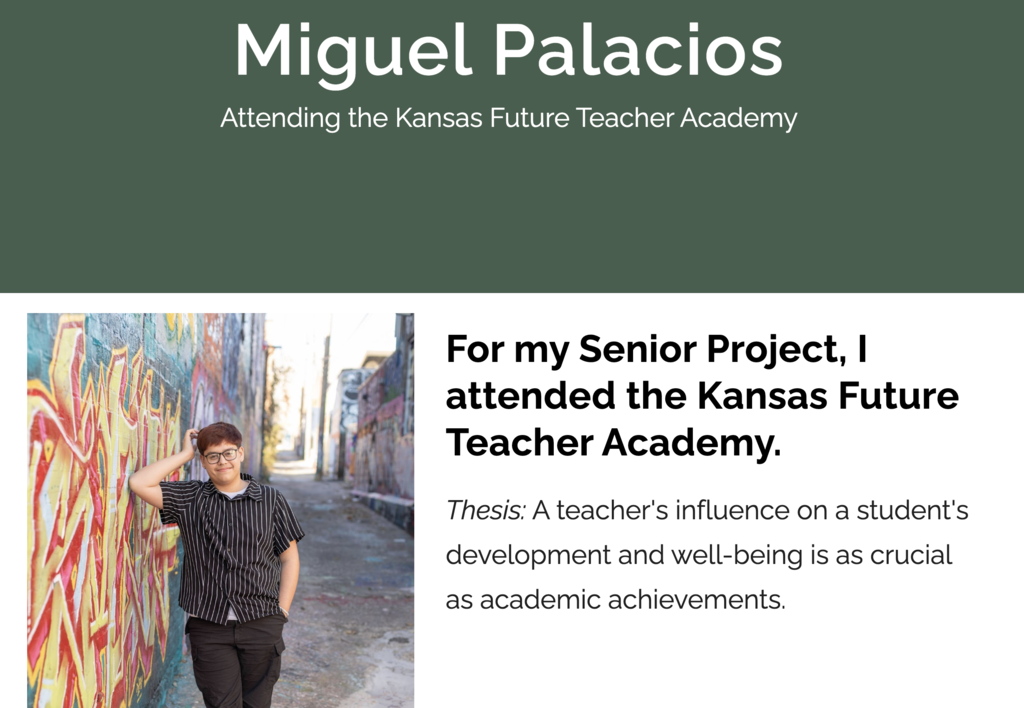 A presentation slide with a person standing by a mural. It says "Miguel Palacios Attending the Kansas Future Teacher Academy" at top.
