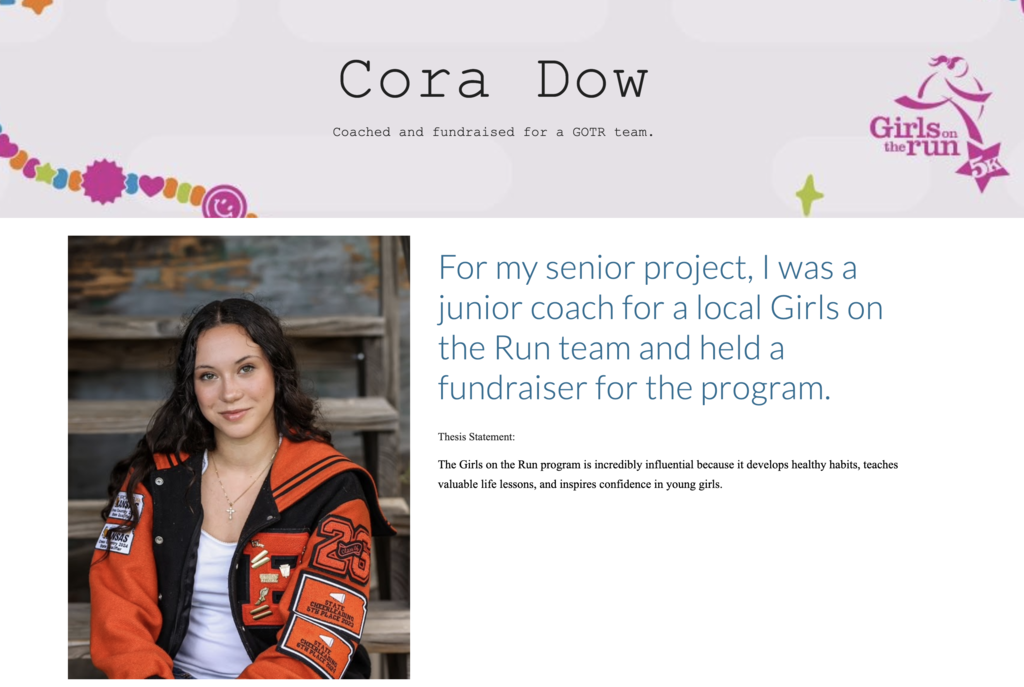 Website header shows "Cora Dow" and a pink horse logo. A photo of a woman in a red jacket with text about coaching a local running team.