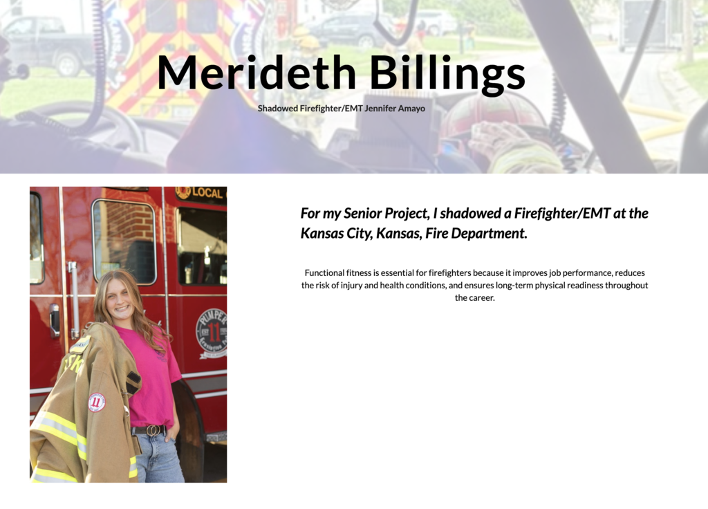 A webpage featuring a picture of a woman in a fire suit with text overlay about functional fitness for firefighters.