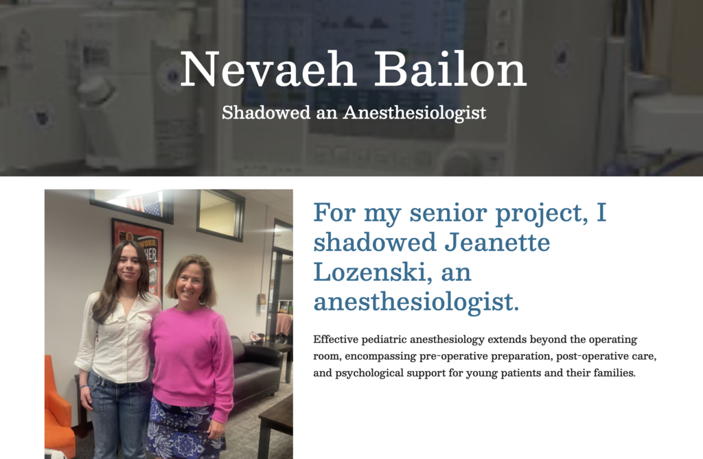 A website header displays "Nevaeh Bailon" and "Shadowed an Anesthesiologist." Below, two women stand next to each other in an office setting.