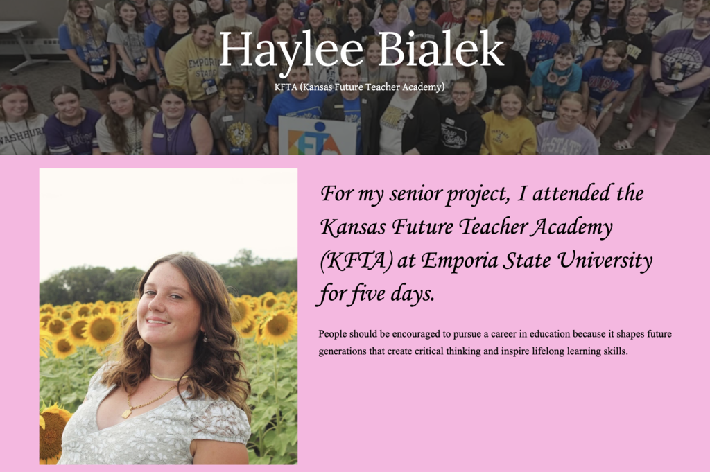 A pink-themed slide with a photo of a smiling woman in a white blouse and necklace. Text reads: "For my senior project, I attended the Kansas Future Teacher Academy (KFTIA) at Emporia State University for five days."