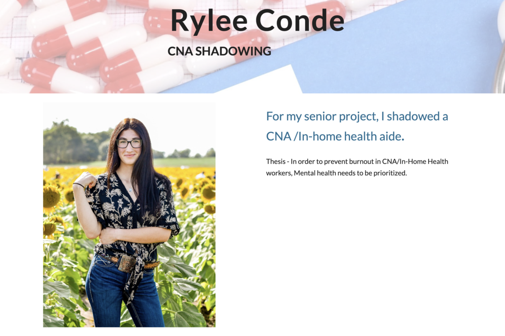 A text overlay on a blue background reads "Ryle Conde, CNA Shadowing." An image shows a woman with long hair, glasses, and a belt standing in a sunflower field.