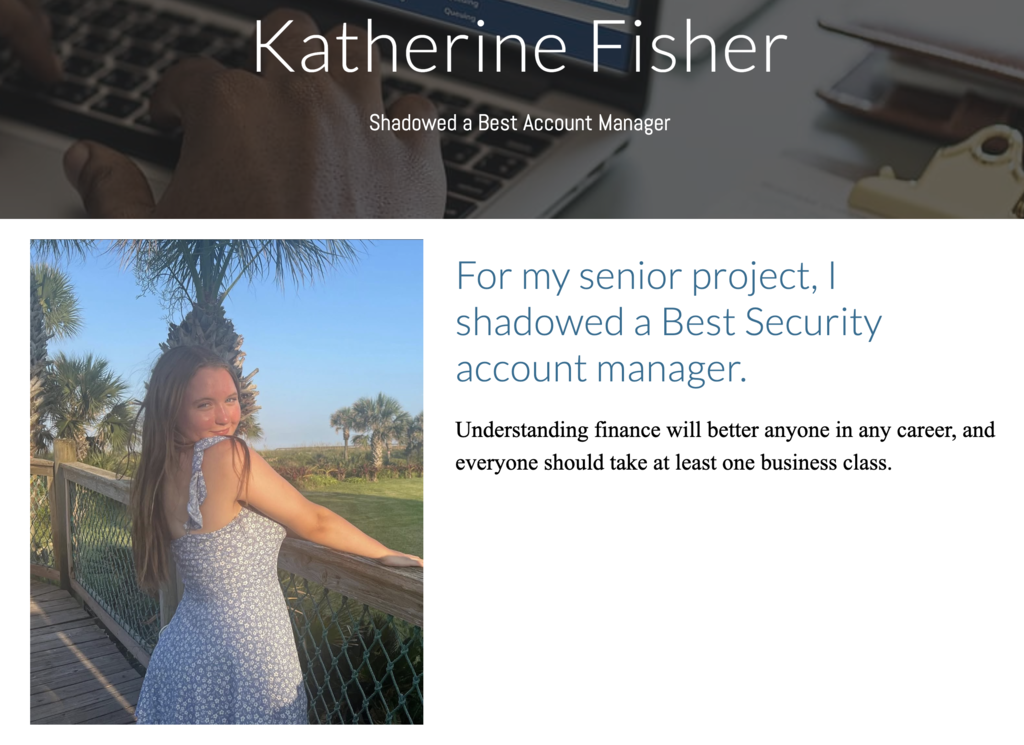 A webpage displays a photo of a woman in a dress, with text overlay about a senior project and a person's hands on a laptop.
