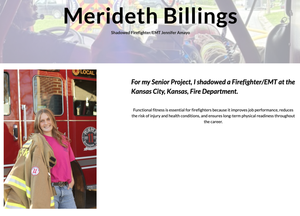 A woman in a firefighter's uniform stands next to a red fire truck. Text reads, "Meredith Billings."