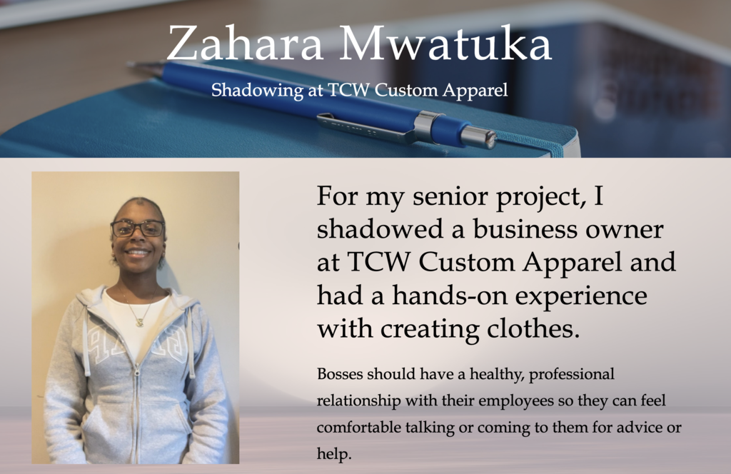 A poster with a photo of a woman in a white hoodie and glasses. Text states: "Zahara Mwaktuka Shadowing at TCW Custom Apparel."