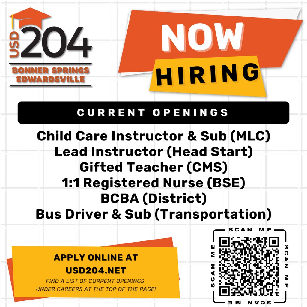 White and yellow poster with "Now Hiring" in large red letters. Text lists job openings, including Child Care Instructor, Lead Instructor, and Registered Nurse.