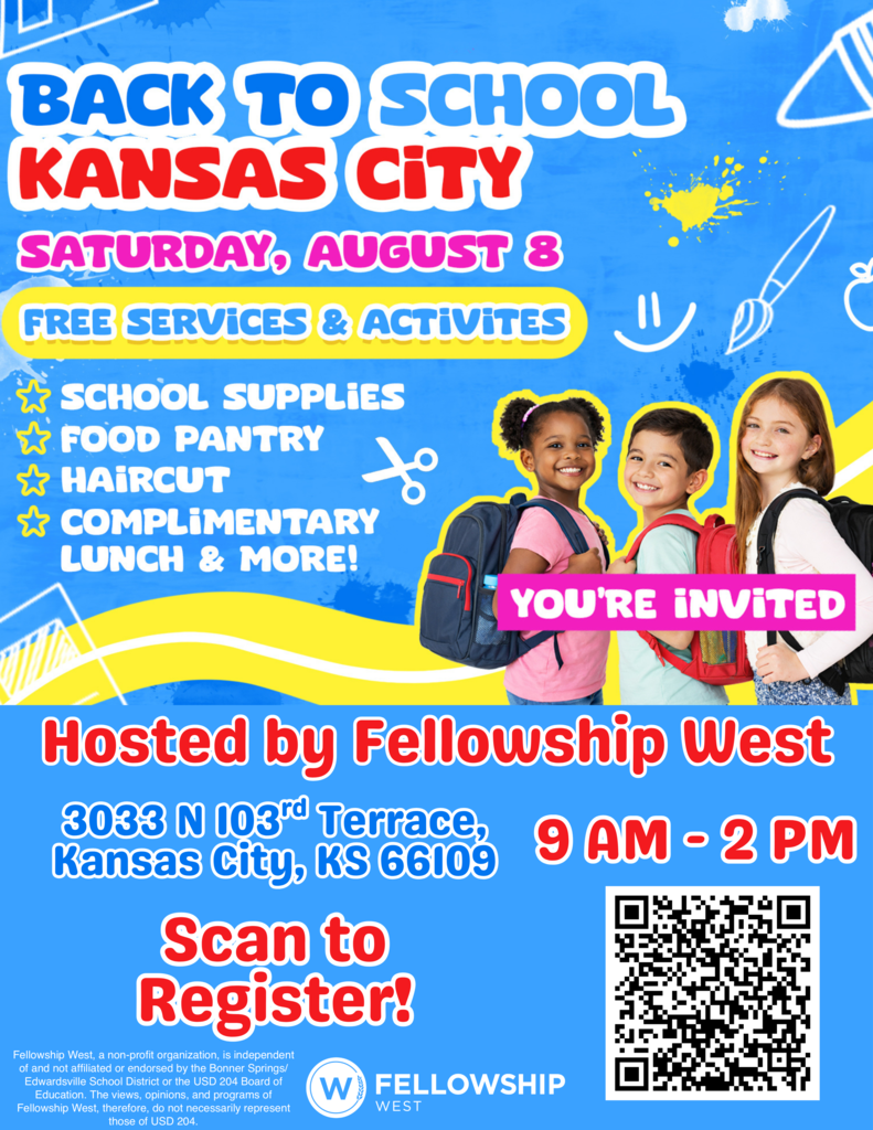 A flyer for Back to School Kansas City event on August 8. It features three children in school uniforms with backpacks and a QR code.