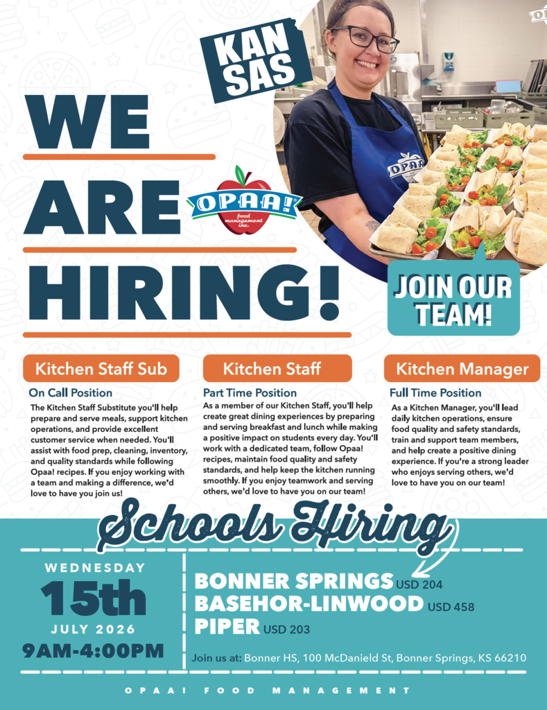 An ad for food management positions. A smiling woman holds a platter of food. Text reads "We Are Hiring!" and "Join Our Team!"