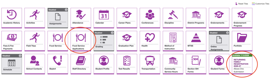Grid of purple icons with various symbols; highlighted icons are a wrench and a heart, surrounded by orange circles.