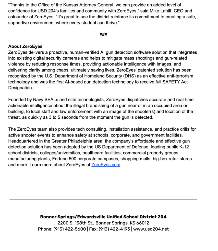 Document displays a white page with black text. Header reads "About ZeroEyes". Text below details ZeroEyes' AI technology for gun detection.