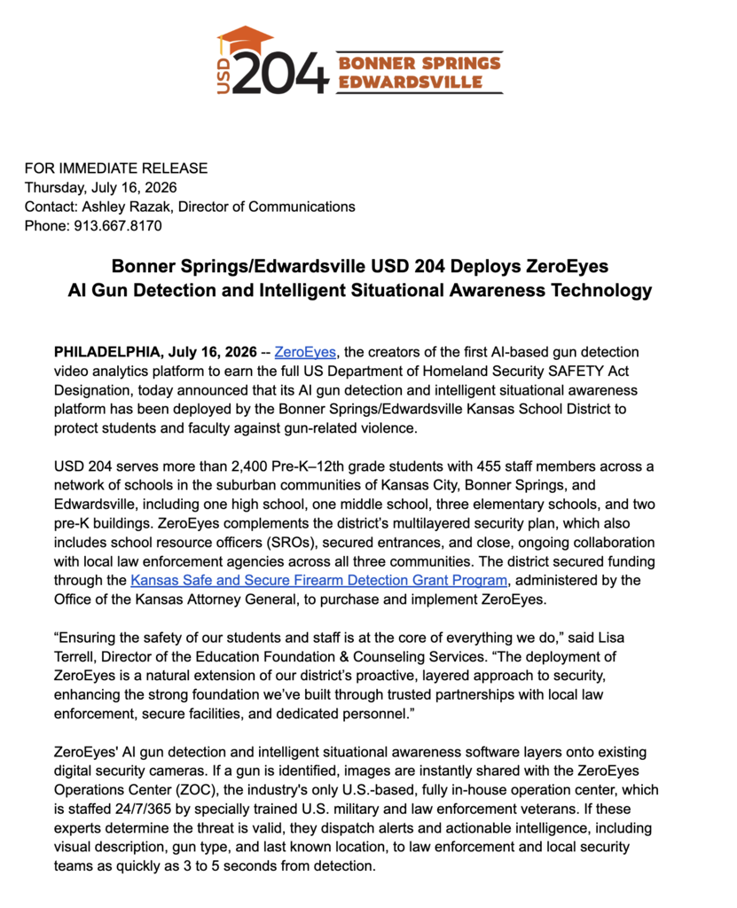 A press release from Bonner Springs, announcing the deployment of ZeroEyes AI gun detection in local schools.