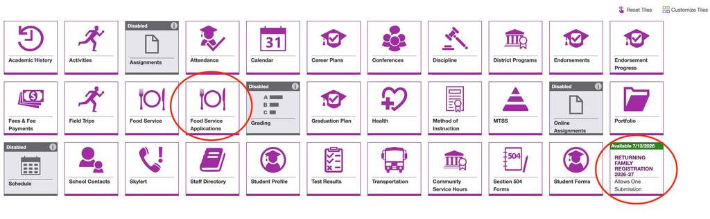 A grid of icons in various shapes and sizes, each with labels, in shades of purple. Two icons are highlighted.