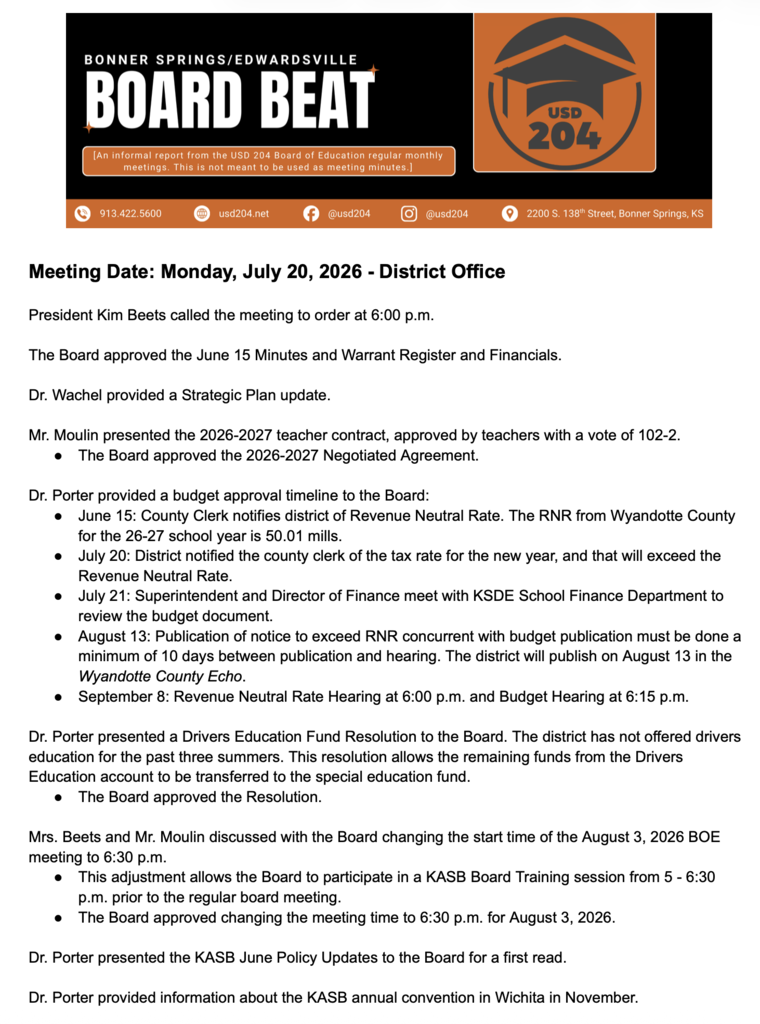 Document titled "BOARD BEAT" with "USD 204" and a logo. Text reads: "Meeting Date: Monday, July 20, 2026 at 6:00 p.m." Includes details of the meeting, approvals, and discussions.