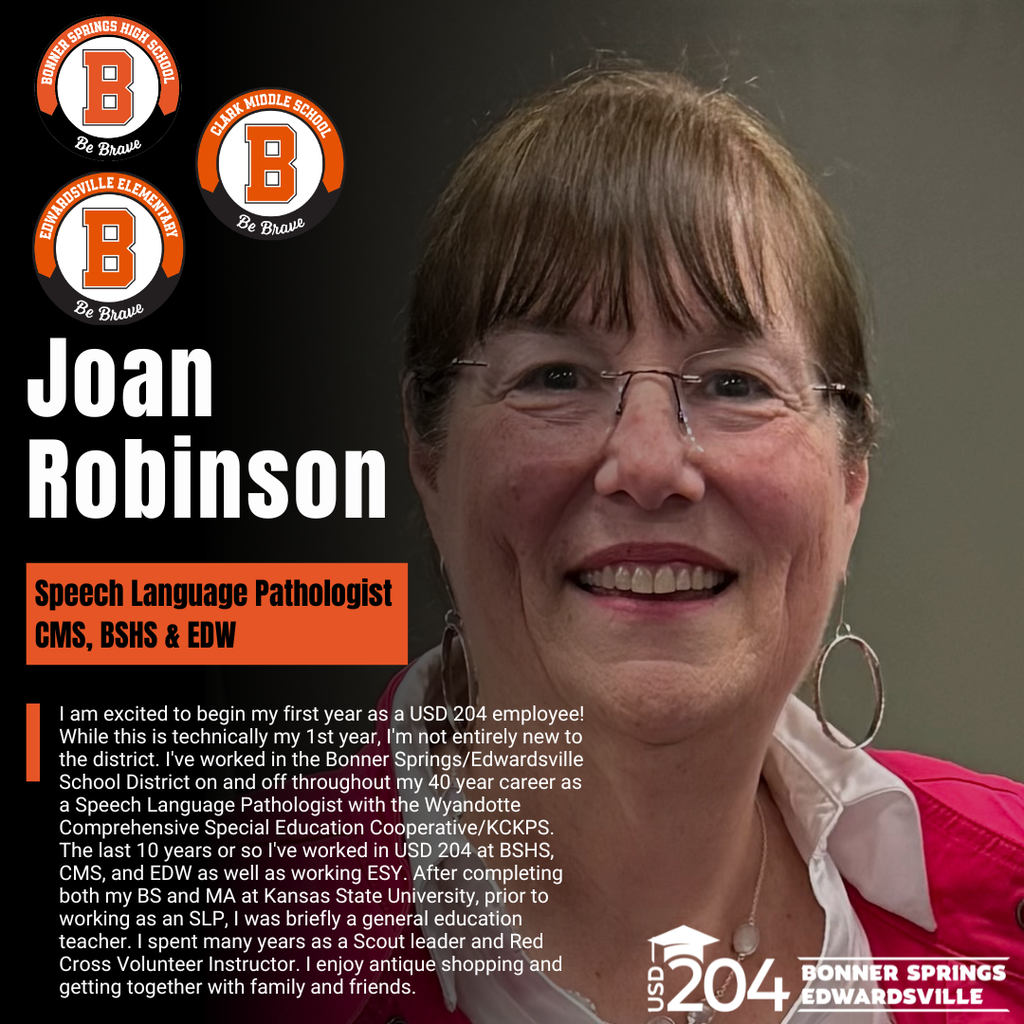 Joan Robinson smiling for a photo, wearing glasses and hoop earrings. Text describes her role as a Speech Language Pathologist.