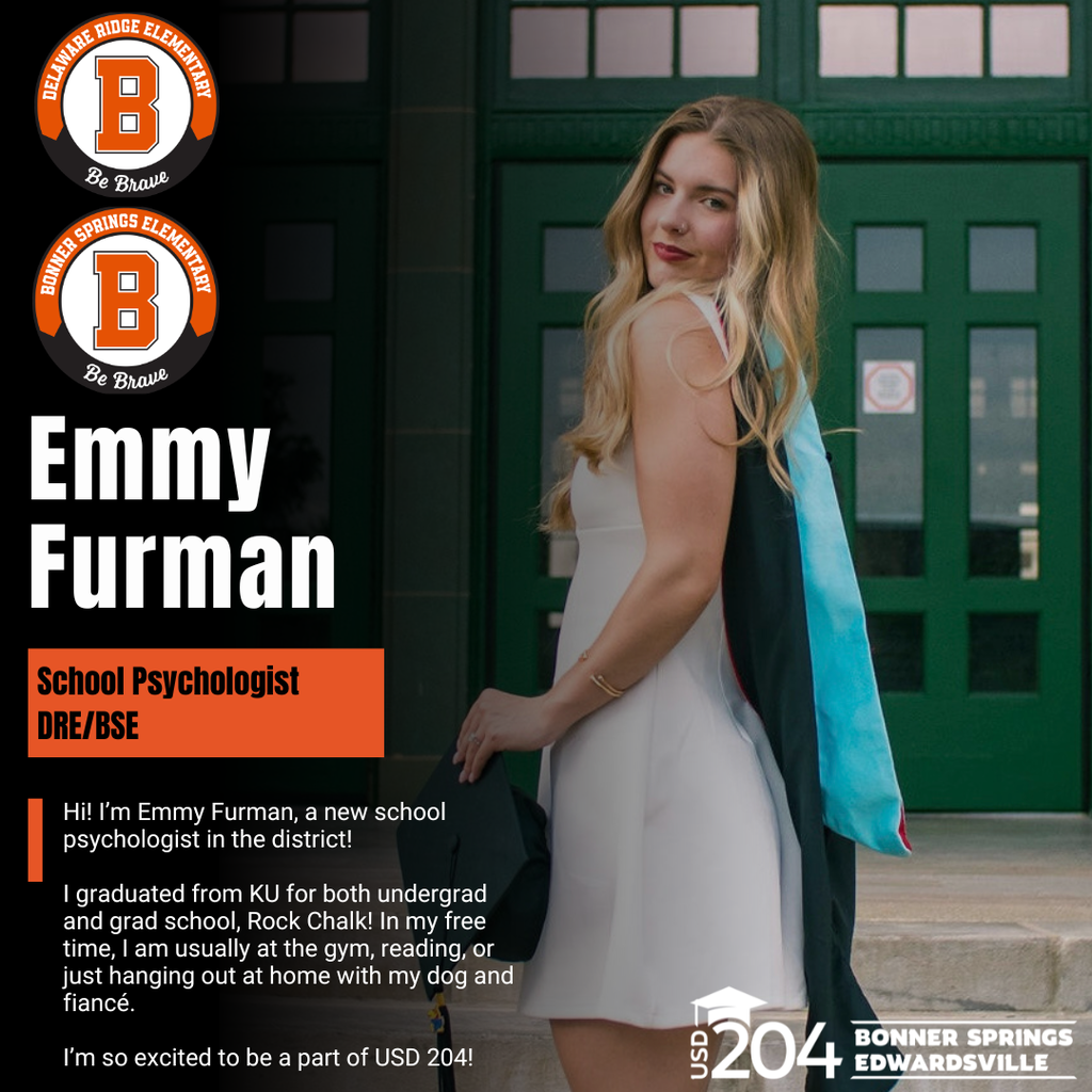 A young woman stands in front of a green door wearing a white dress, with a blue and black stole. Text reads "Emmy Furman, School Psychologist".