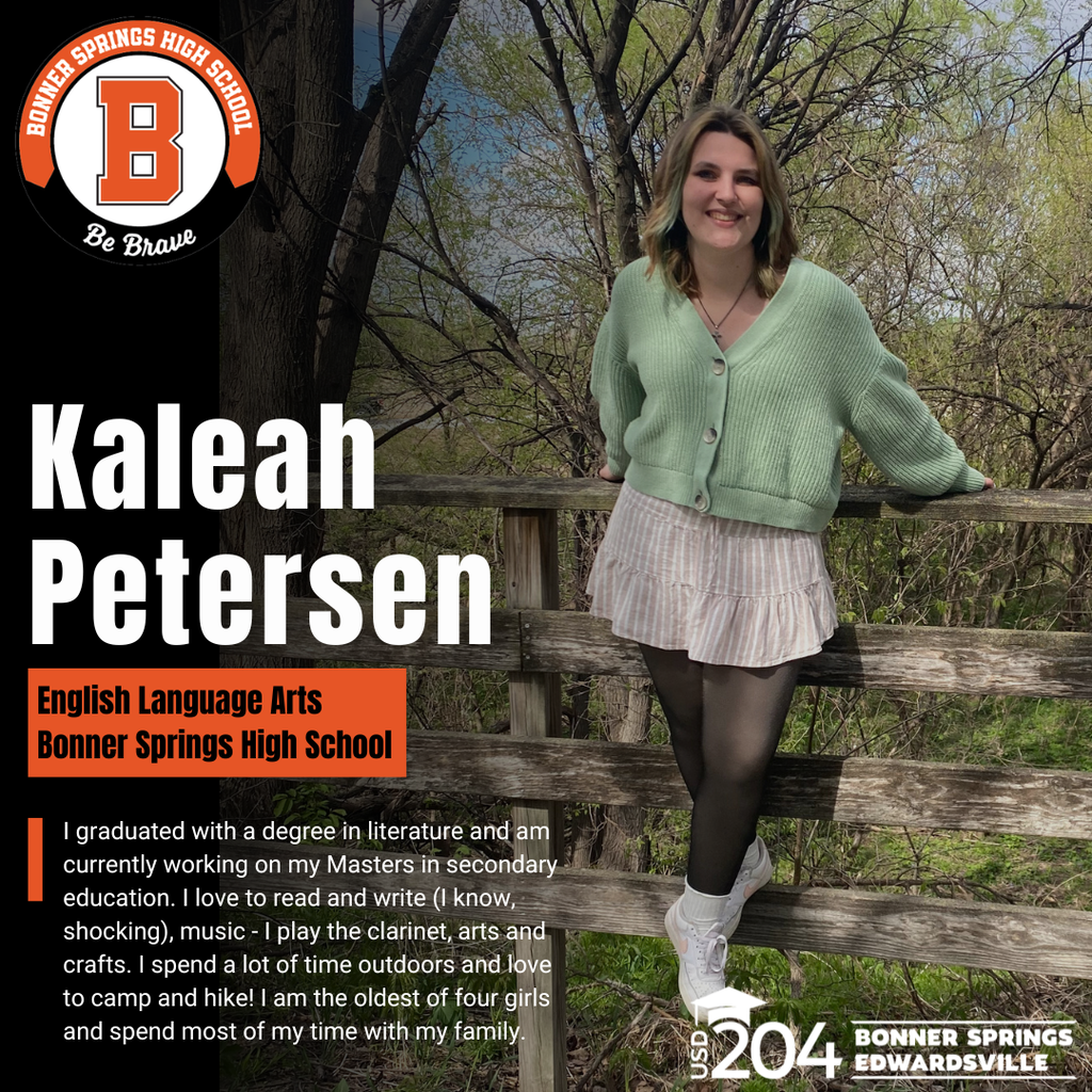 Person standing by fence. Text on left reads "Kaleah Petersen" and "English Language Arts." Background has trees.