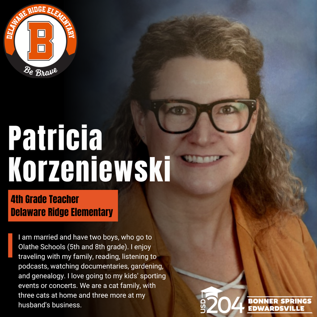 A smiling woman in glasses with brown curly hair. Text reads: "Patricia Korzeniewski, 4th Grade Teacher at Delaware Ridge Elementary."