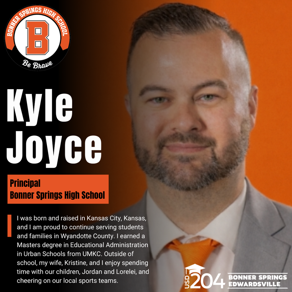 A man with a beard, wearing a gray suit and orange tie, stands against an orange background. The text "Kyle Joyce, Principal, Bonner Springs High School" is displayed prominently.