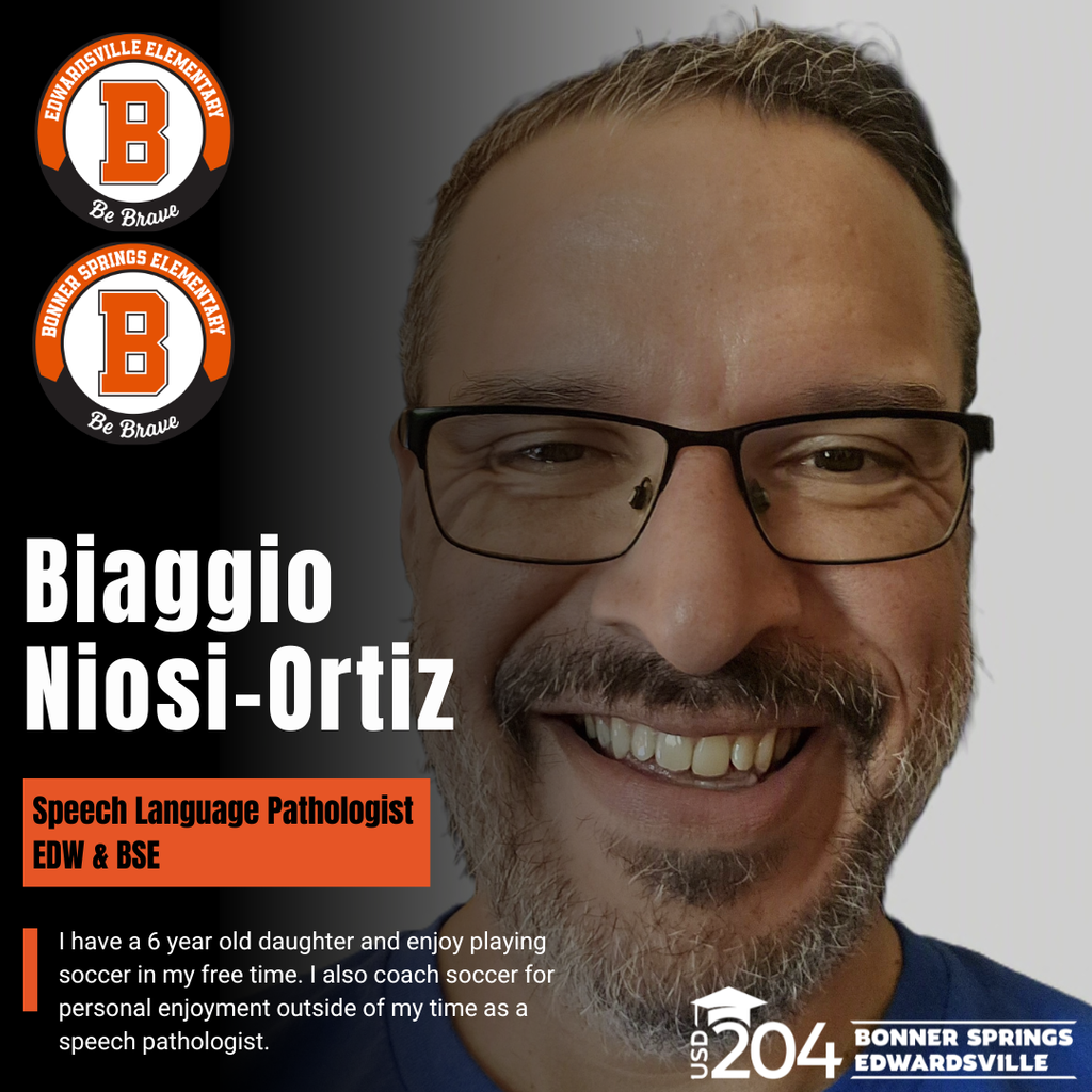 A smiling man with glasses and a beard. He wears a blue shirt. White and orange text reads "Biaggio Nios-Ortiz" and "Speech Language Pathologist EDw a BSE."