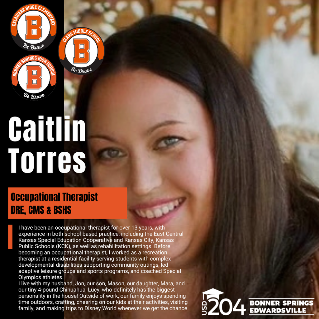 A smiling woman with brown hair and blue eyes, name Caitlin Torres, wearing a light-colored top. Text reads: Occupational Therapist DRE, CMS & BSHS.
