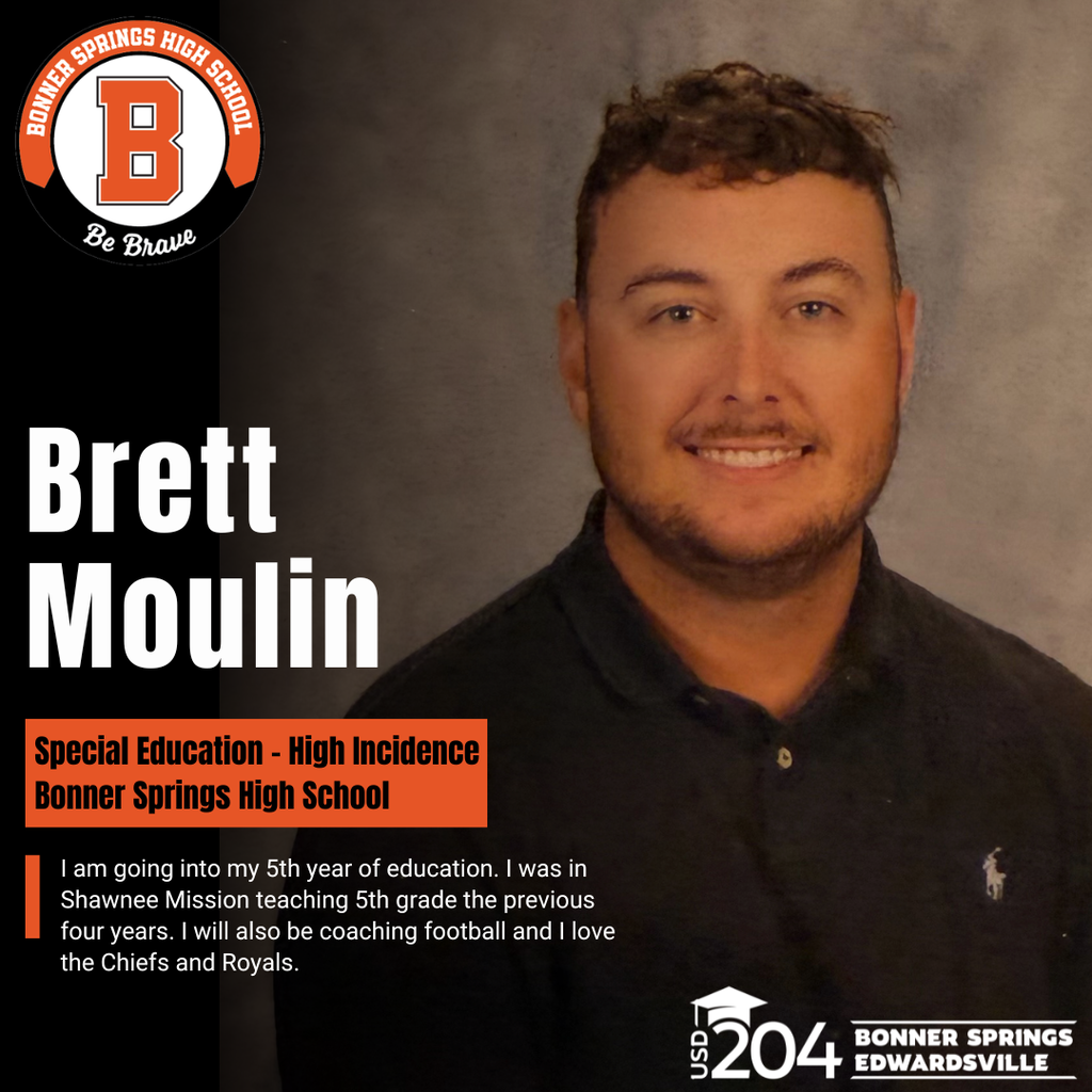 A smiling man stands with a gray background and logo. His name is Brett Moulin. He teaches special education.