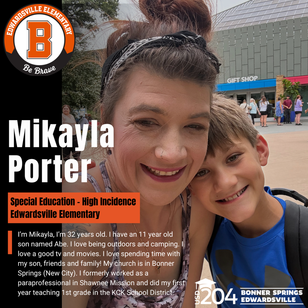 A smiling woman with a bun hairstyle stands with a boy in a blue shirt, both smiling. Text reads "Mikayla Porter, Special Education-High Incidence, Edwardsville Elementary".