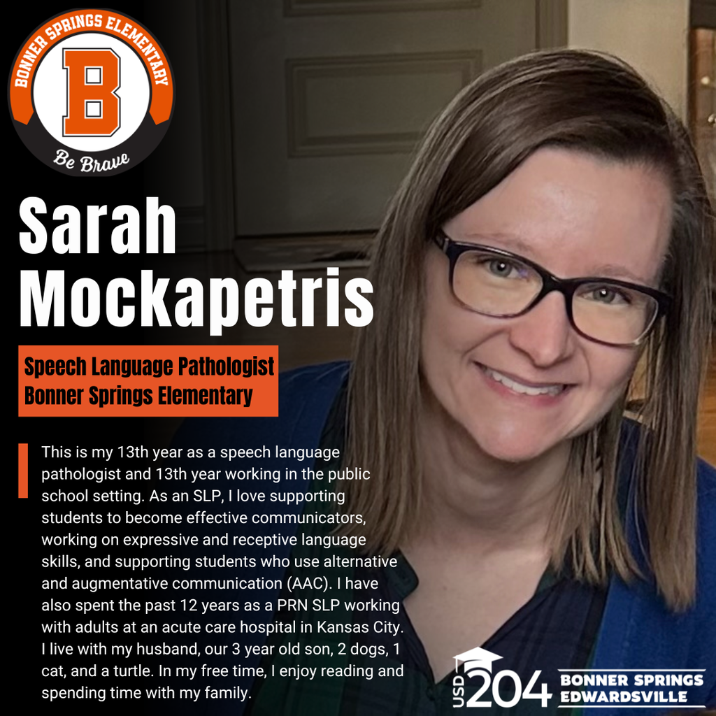 Person smiling and wearing glasses. Text reads, "Sarah Mockapetris, Speech Language Pathologist."