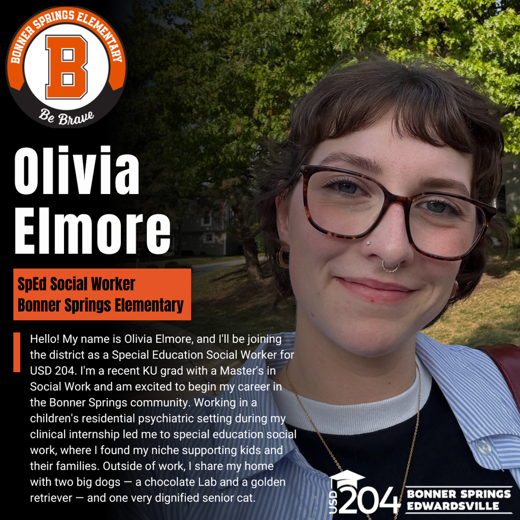 A young person with glasses and a nose ring smiles in a park. They are wearing a blue shirt. Text reads "Olivia Elmore, Special Education Social Worker."